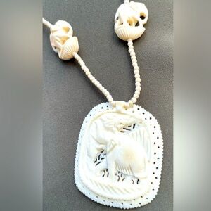Carved Elephant Necklace - Vintage Faux Ivory Pendant with 6 Small Elephants